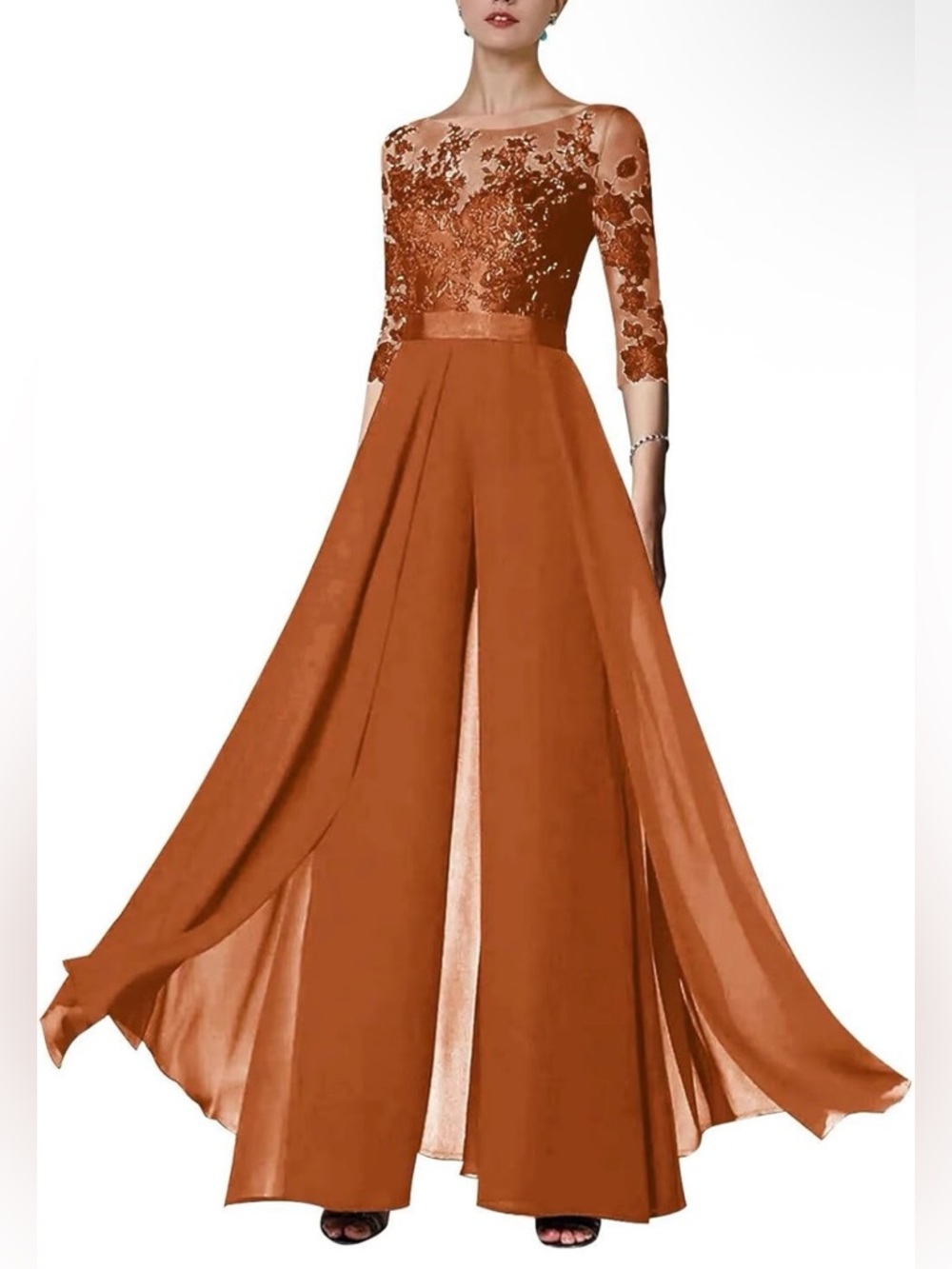 Rust Orange Lace embroidered Bodice chiffon pant suit sz 18W